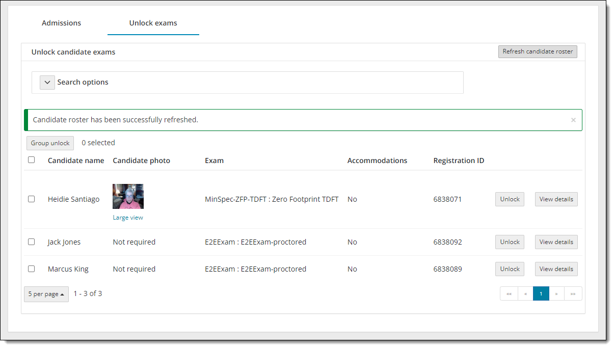 Unlocked exams are no longer displayed on the candidate roster after the candidate roster has been refreshed.